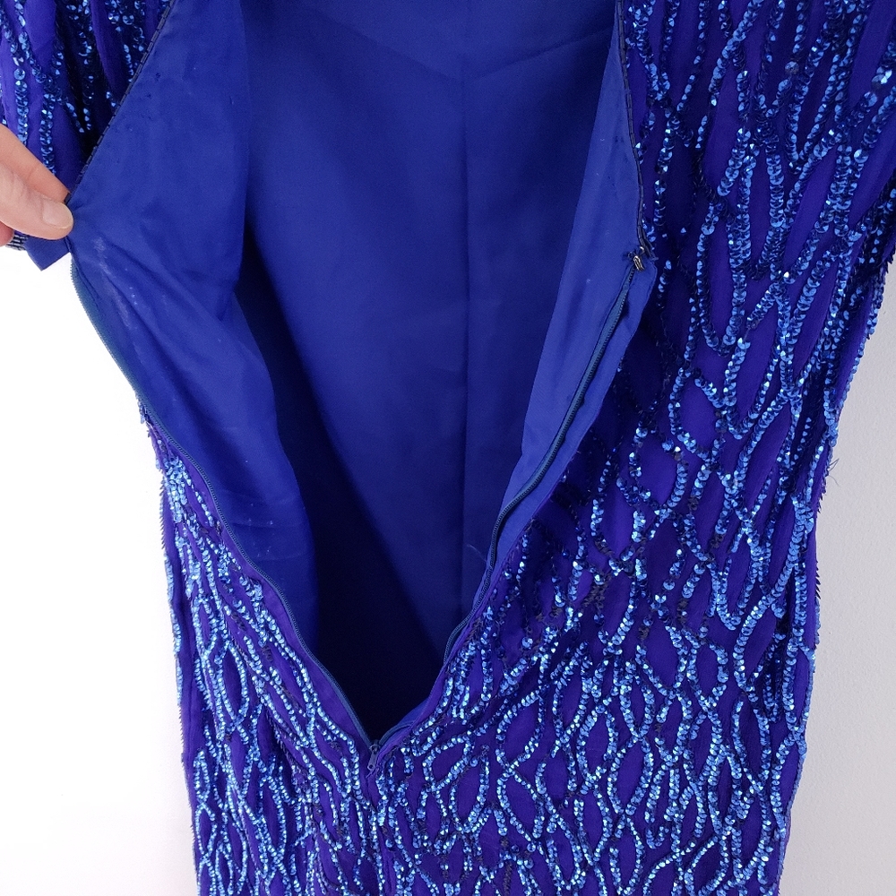 Vintage Blue Sequined Silk Keyhole Shift Dress M - Picture 3 of 6